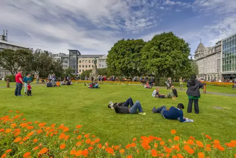 Austurvöllur on a sunny day