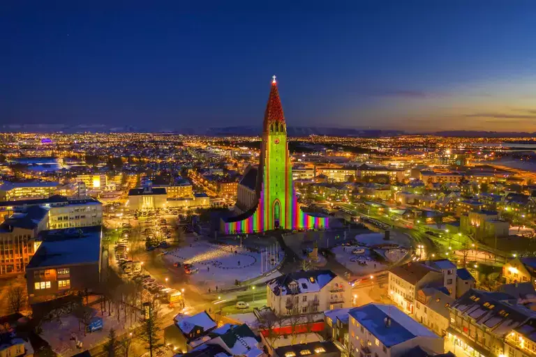 Hallgrímskirkja lid up at a Winter Lights Festival