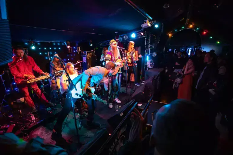 Band playing on stage at Innipúkinn festival